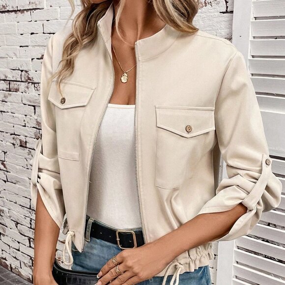 Apricot Casual Womens Flap Pocket Roll Tab Sleeve Drawstring Hem Zip Up Jacket - Picture 1 of 5